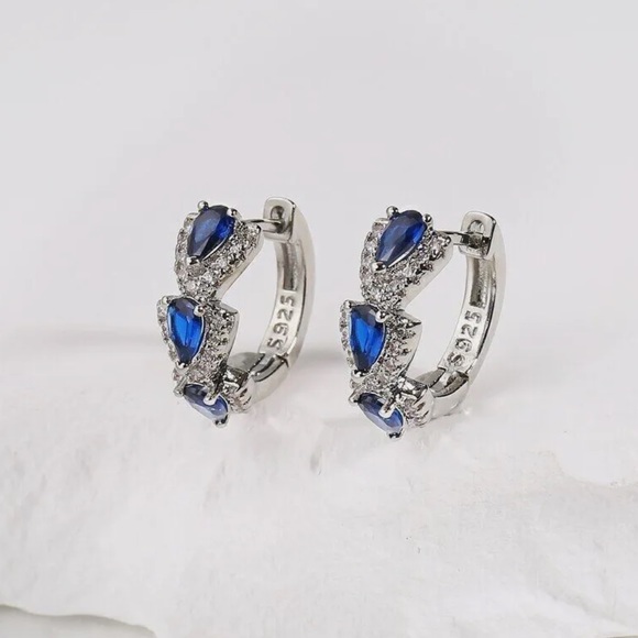 Simulated Sapphire Earrings Women's Blue Sapphire Hoop Earrings Round Sapphire - Picture 6 of 7